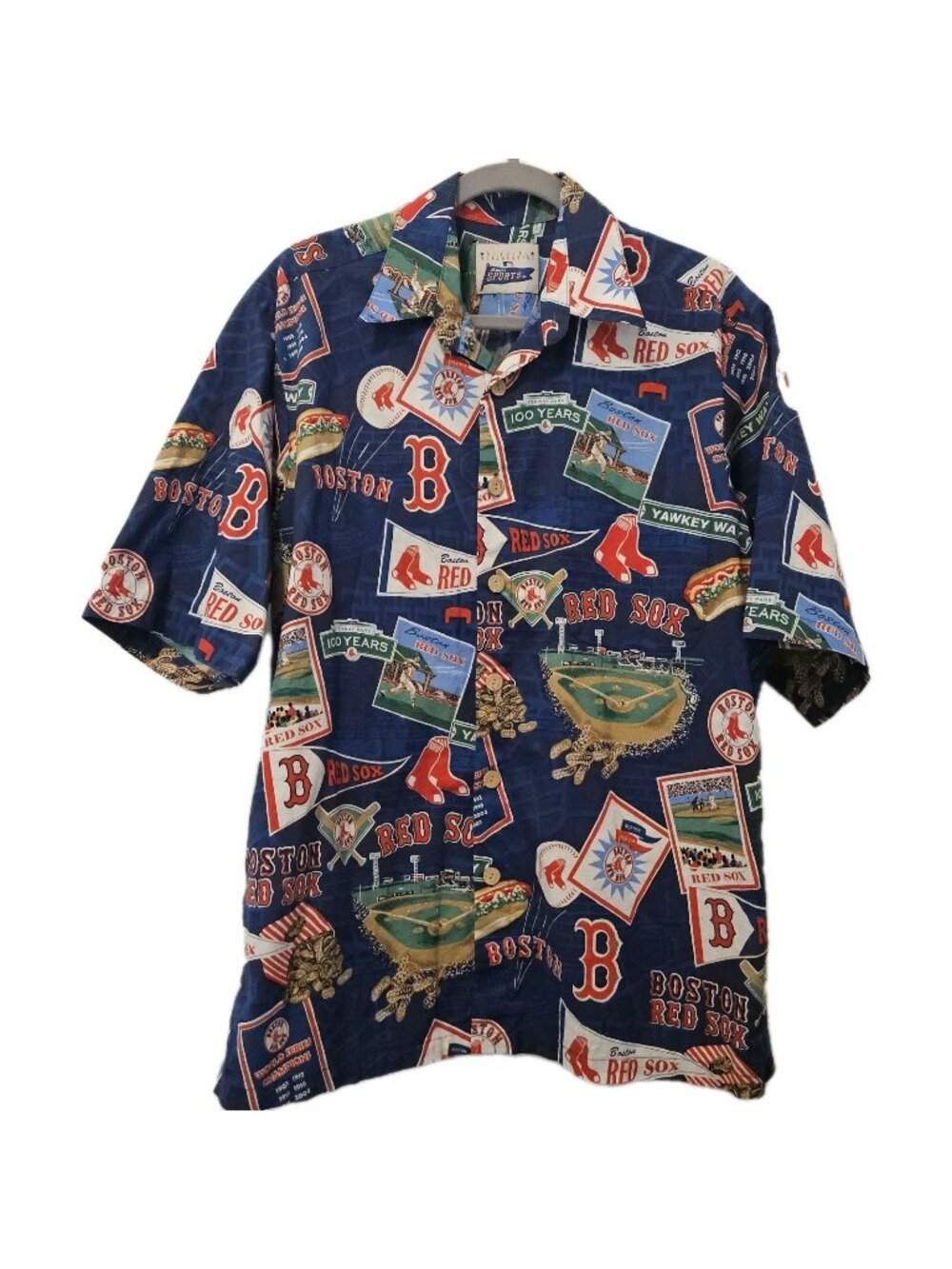 Reyn Spooner Blue Boston Red Sox Baseball Hawaiian Collard Shirt Mens Medium